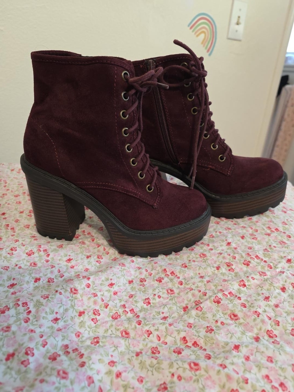 Soda Burgundy Lace-Up Chunky Heel Ankle Boots